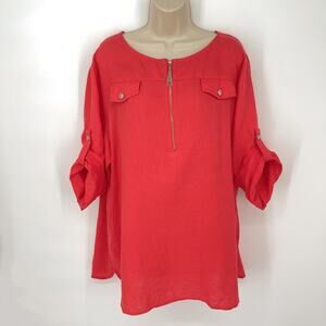 Ellen Tracy Women's Roll Tab Sleeves Linen Tunic Top Size 1X Poppy Orange